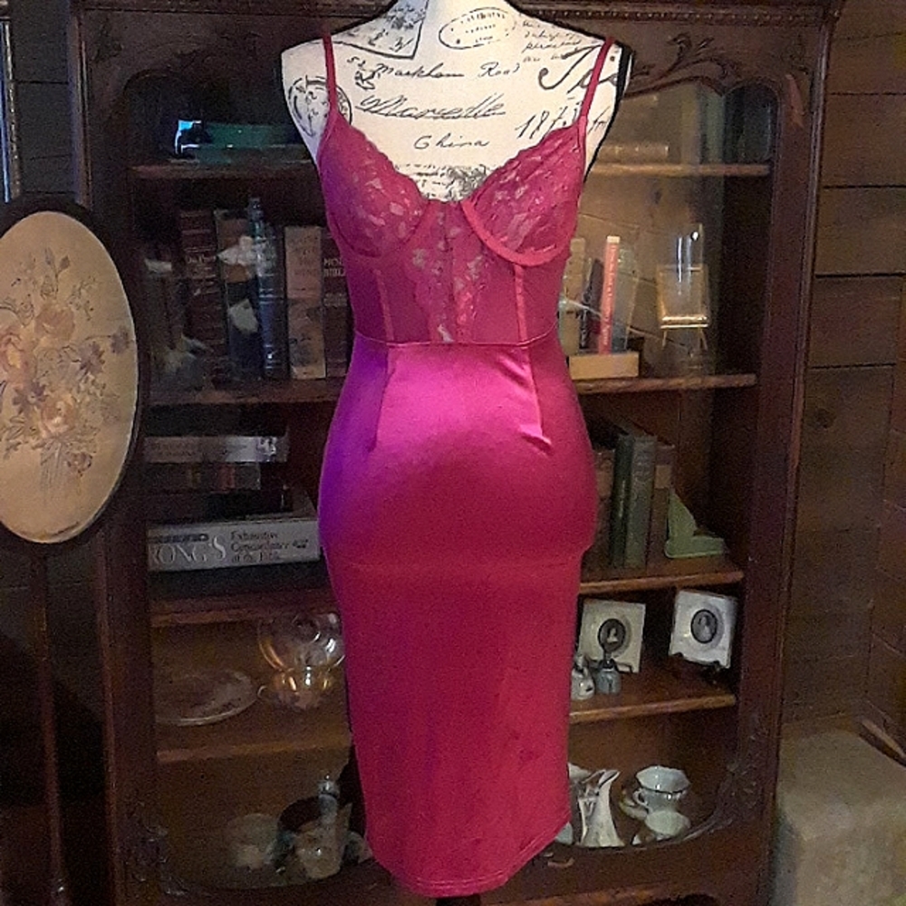Lace Bust Satin Chemise Slip in Fuchsia
